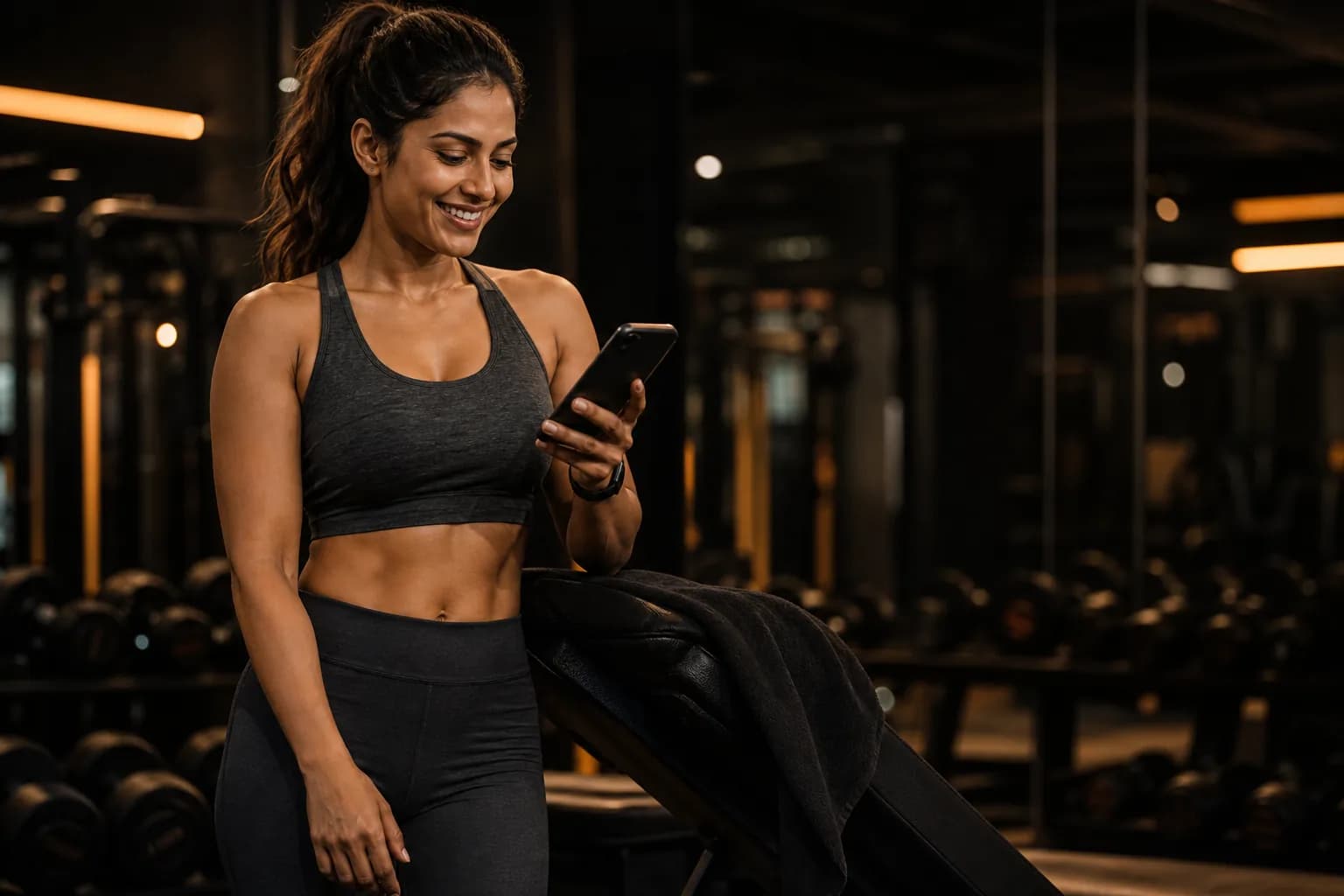 Fit Square member discovering nearby gyms on her phone