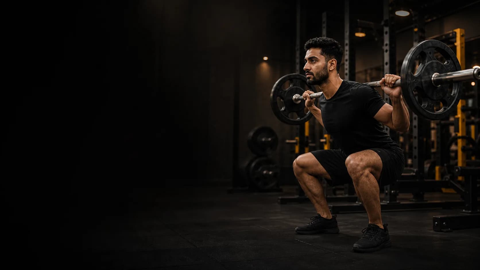 An athlete training with a barbell in a dark modern gym