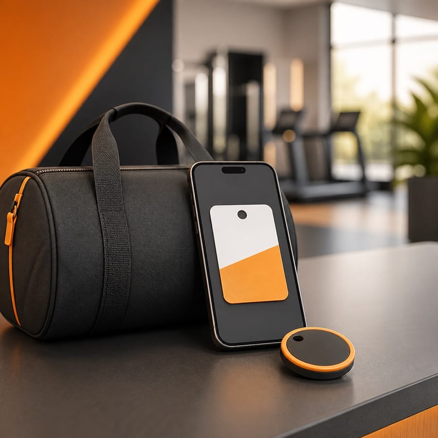 Illustration of a gym bag, phone and access token for one-day gym access