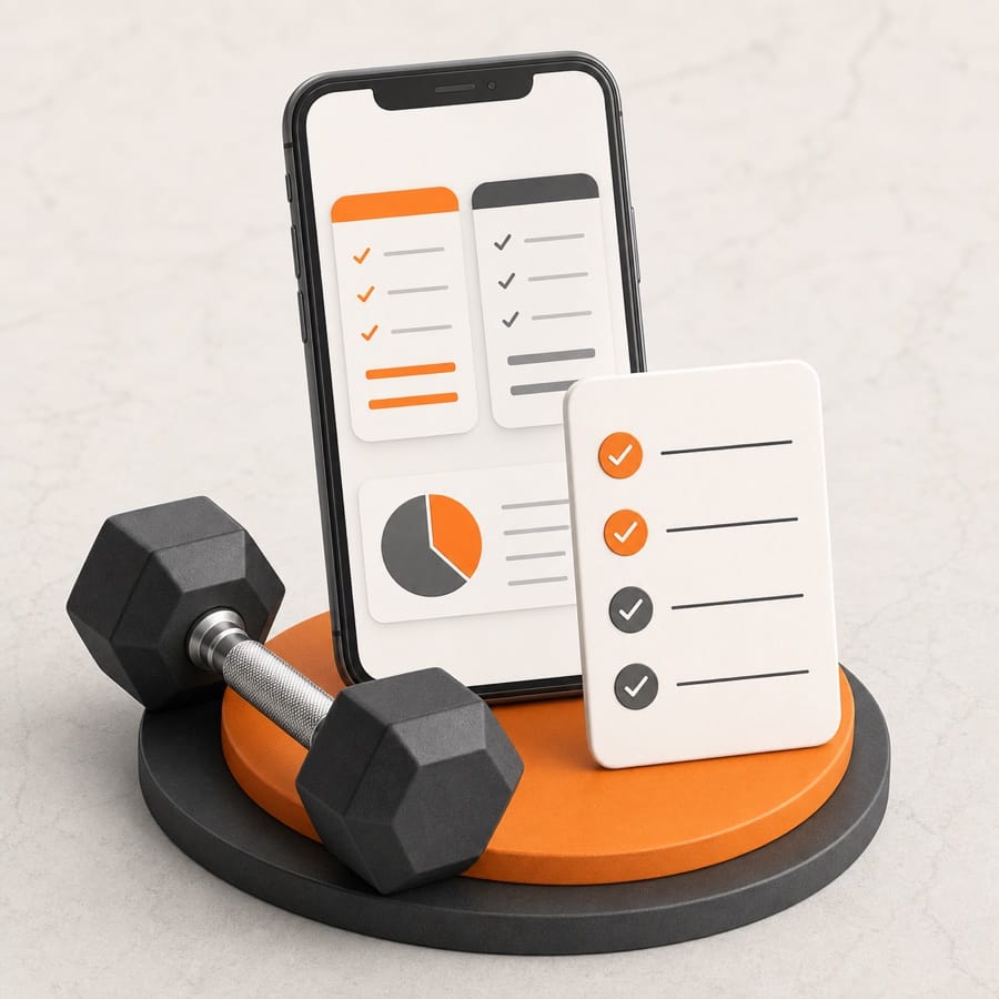 Illustration of a phone, dumbbell and checklist for comparing gym fees and value