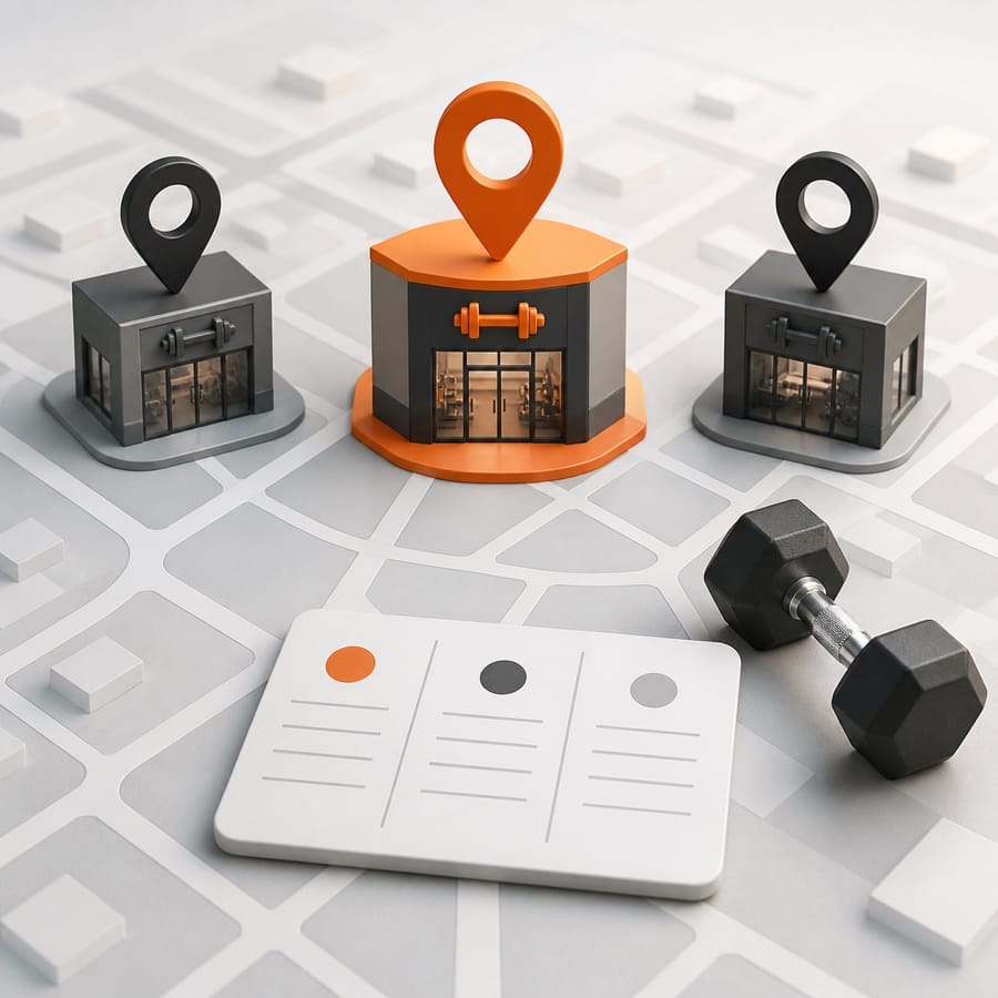 Illustration of nearby gym markers and a dumbbell for comparing local gyms