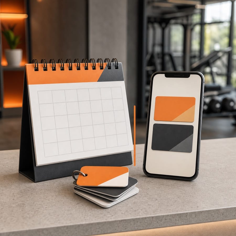 Illustration of a blank calendar, phone and workout tokens for comparing membership types