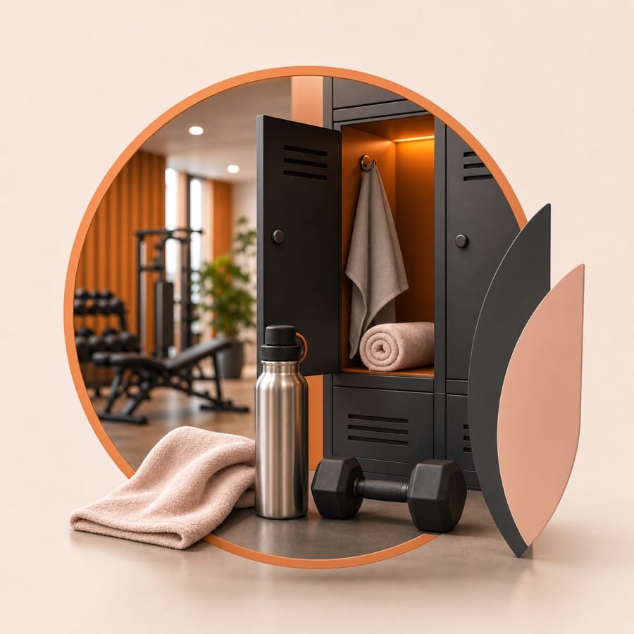Illustration of gym locker, towel, bottle and dumbbell for women-friendly gym selection