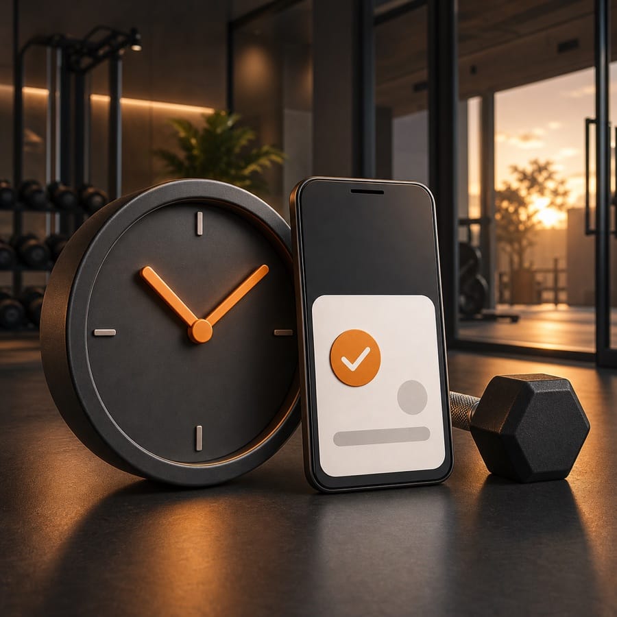 Illustration of a clock, phone and dumbbell for checking gym timings