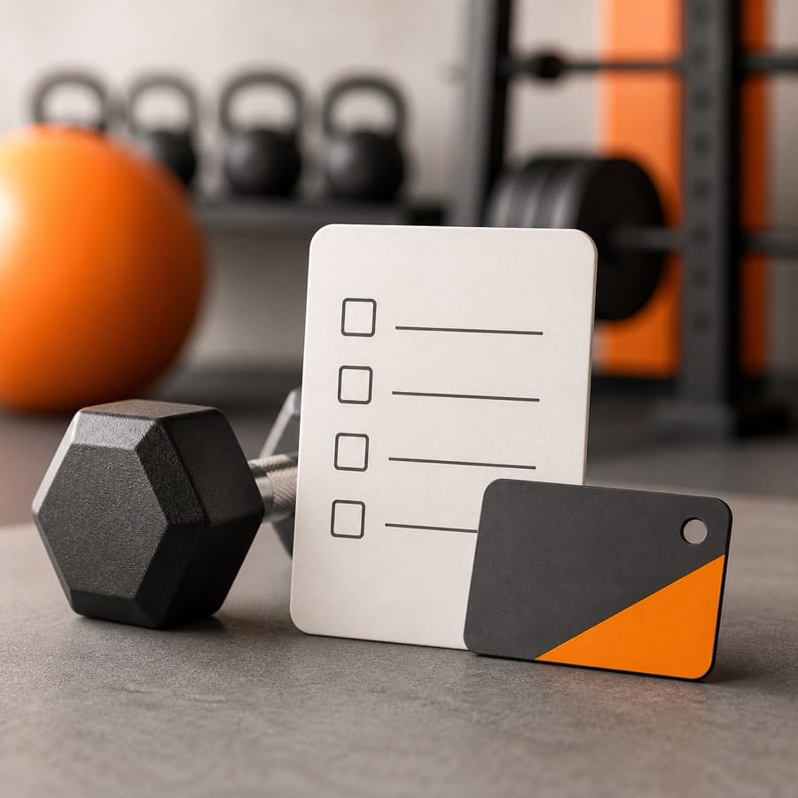 Illustration of a dumbbell, checklist and access token for budget gym value