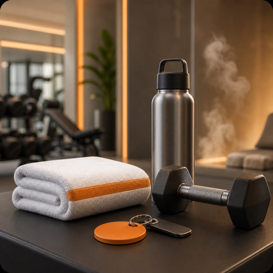 Illustration of towel, bottle, dumbbell and locker token for premium gym amenities