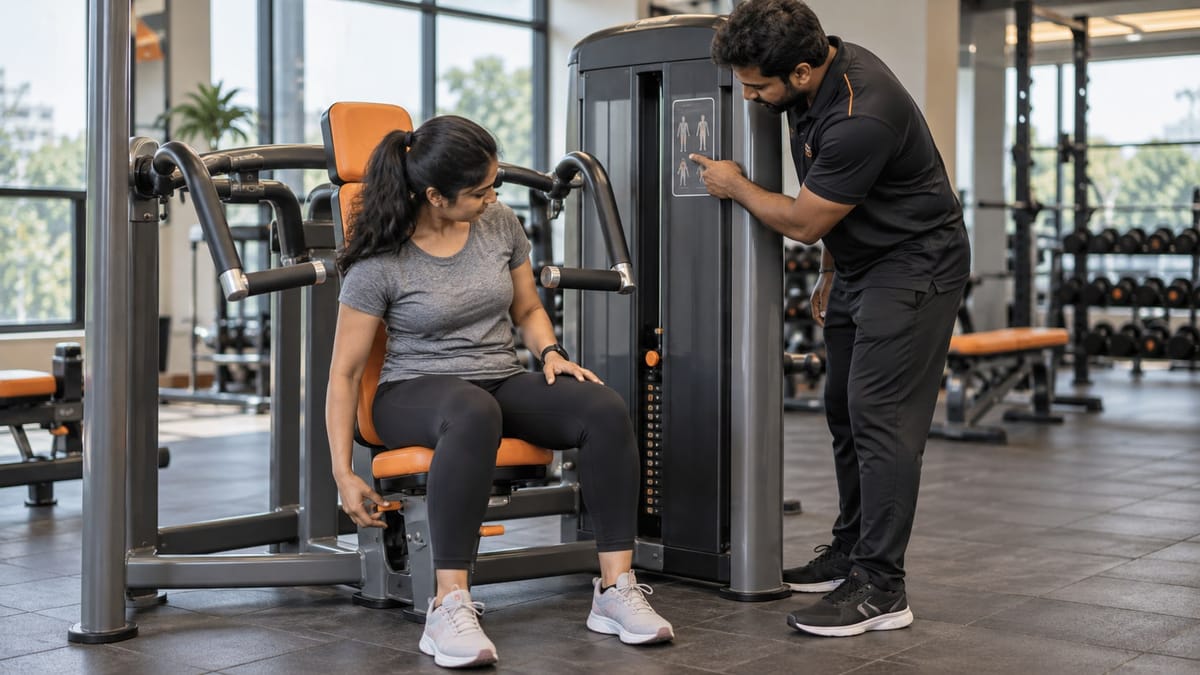 Illustration of a beginner checking a strength machine's adjustment controls with a coach.