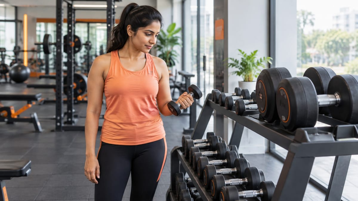 Illustration of a beginner choosing a light dumbbell from a gym rack.