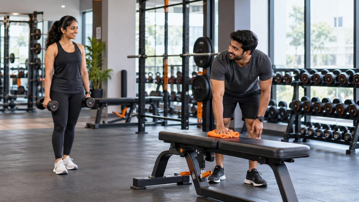 Illustration of one gym member wiping a bench while another waits to use it.