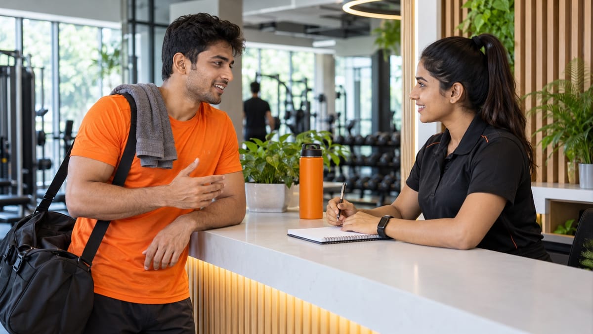 An Indian gym beginner in an orange training shirt talking with a trainer at a clean reception counter, with a blank notebook and a water bottle
