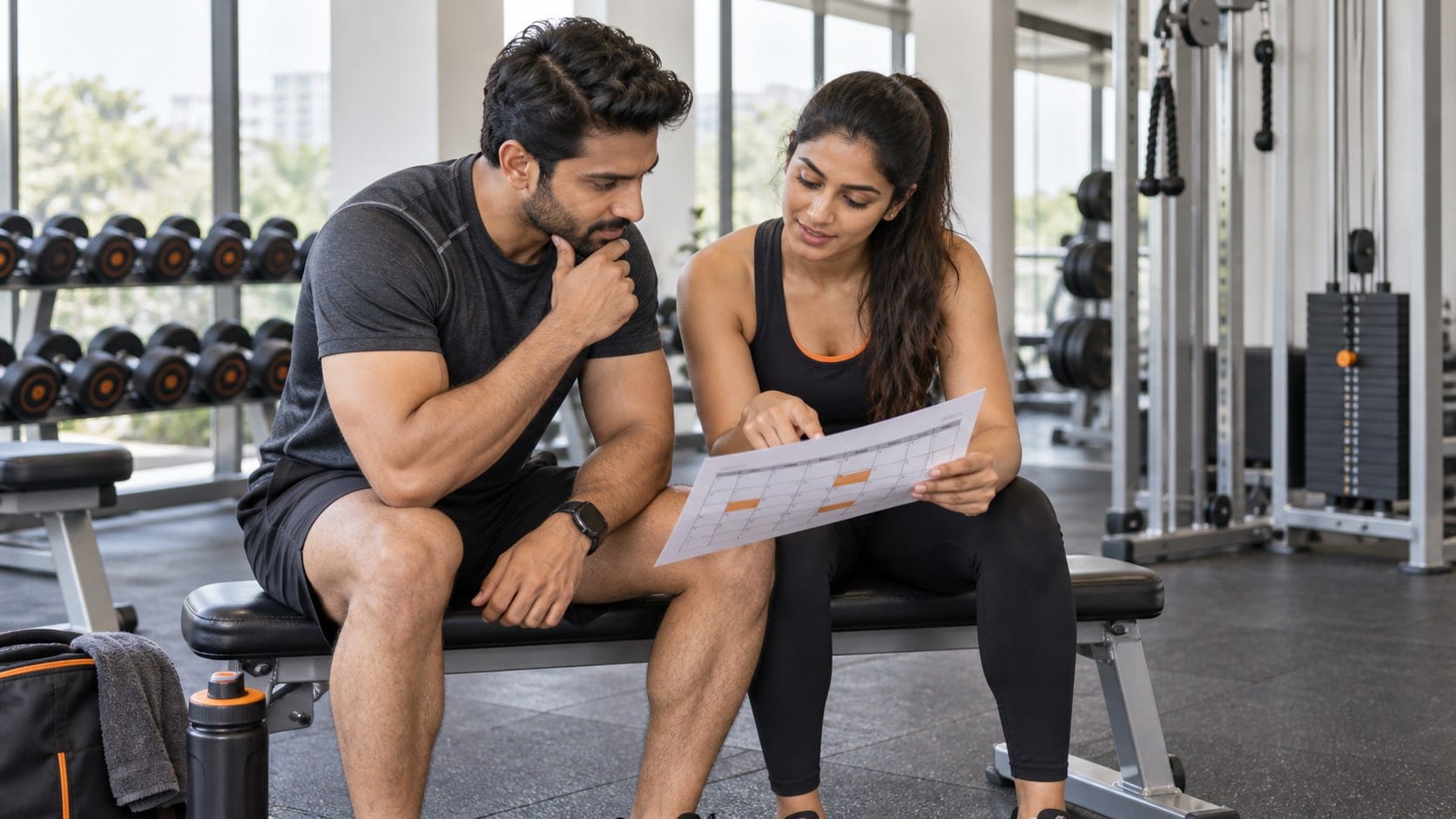 Illustration of two gym members reviewing a paper training calendar.