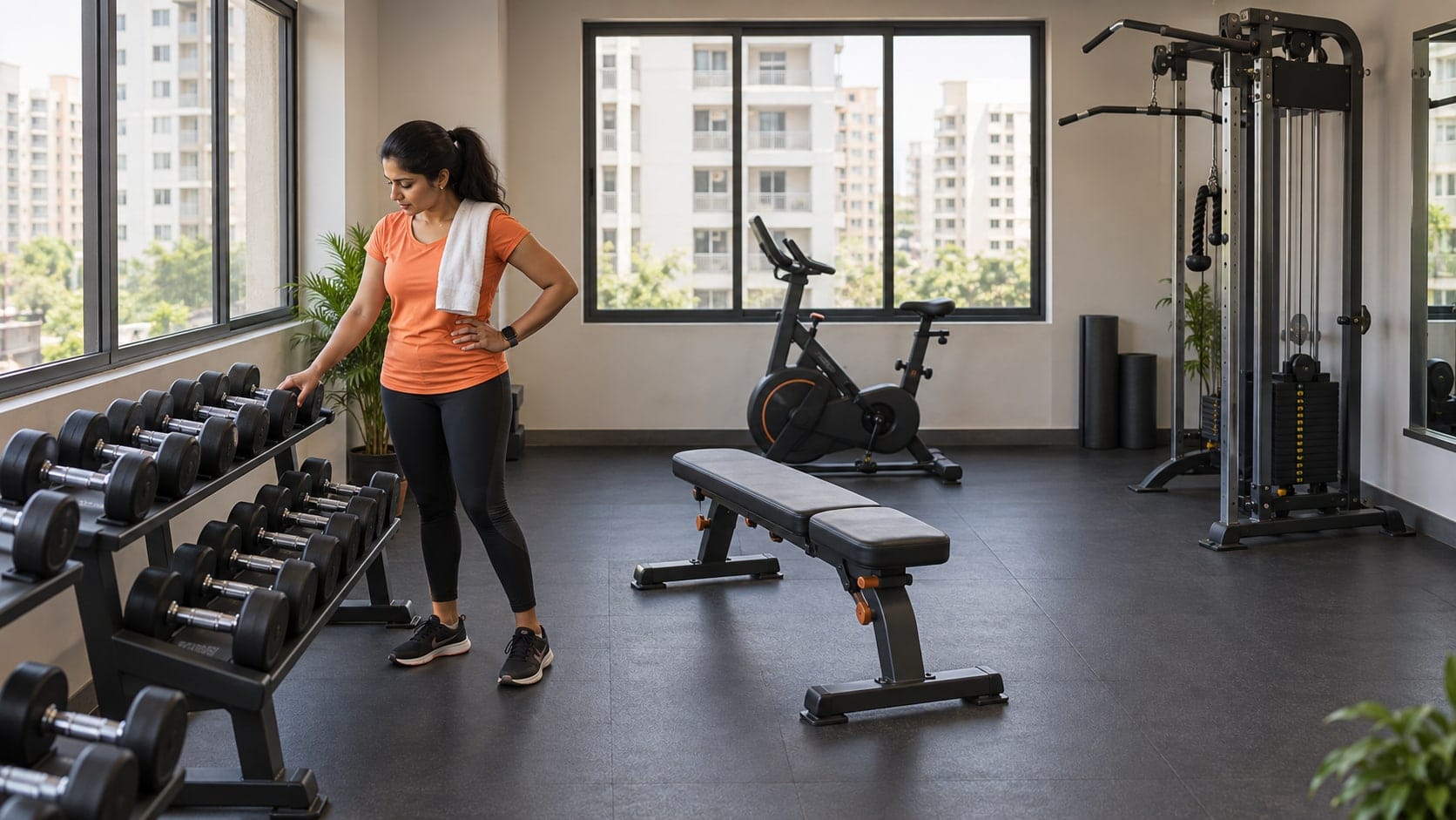 Illustration of a compact apartment gym with weights, a bench and exercise bike.