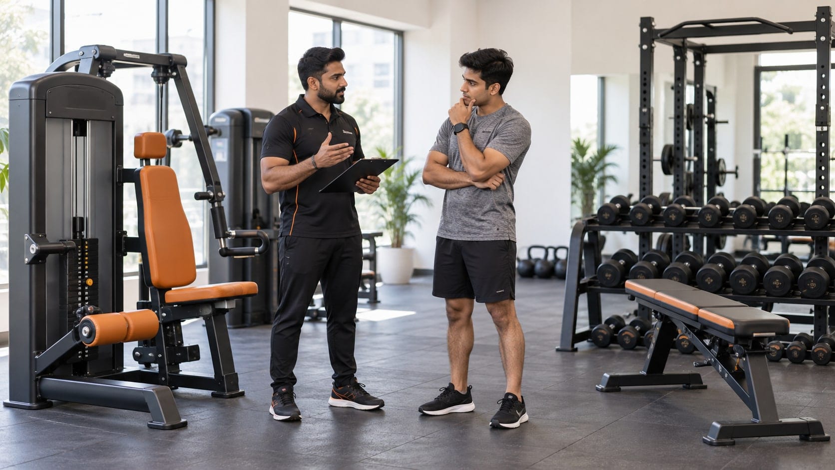 Illustration of a coach discussing strength machines and free weights with a beginner.