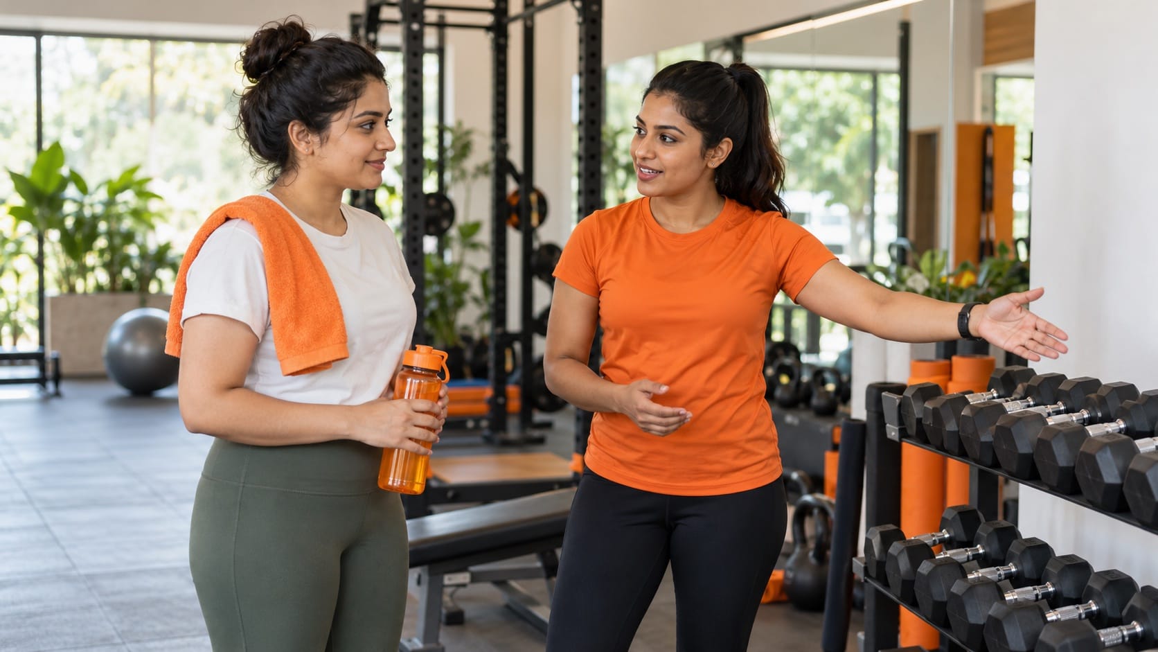 An Indian woman beginner confidently standing beside a rack of light dumbbells while an Indian female trainer explains the space, orange top