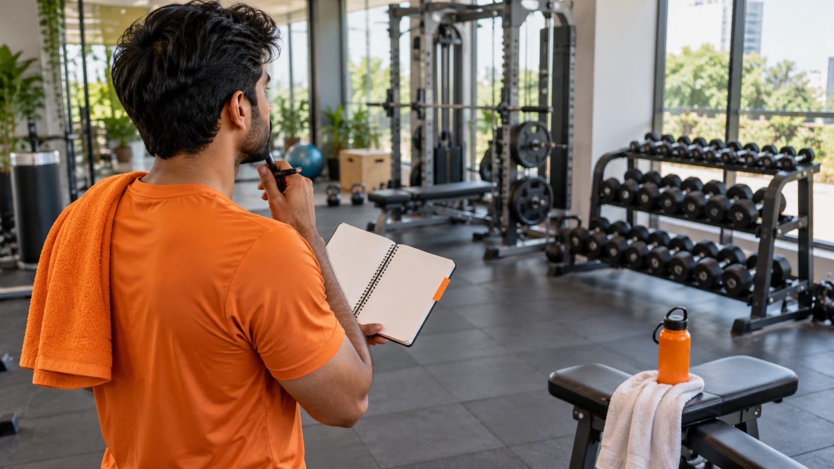 An Indian beginner studying a blank workout notebook while looking across a tidy gym with dumbbells and a machine, orange shirt and orange notebook tab