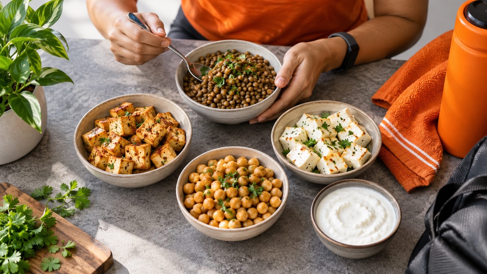Top-down editorial food photograph of cooked lentils, tofu, paneer, chickpeas and plain yoghurt in distinct small bowls on a grey tabletop, orange napkin and spoon