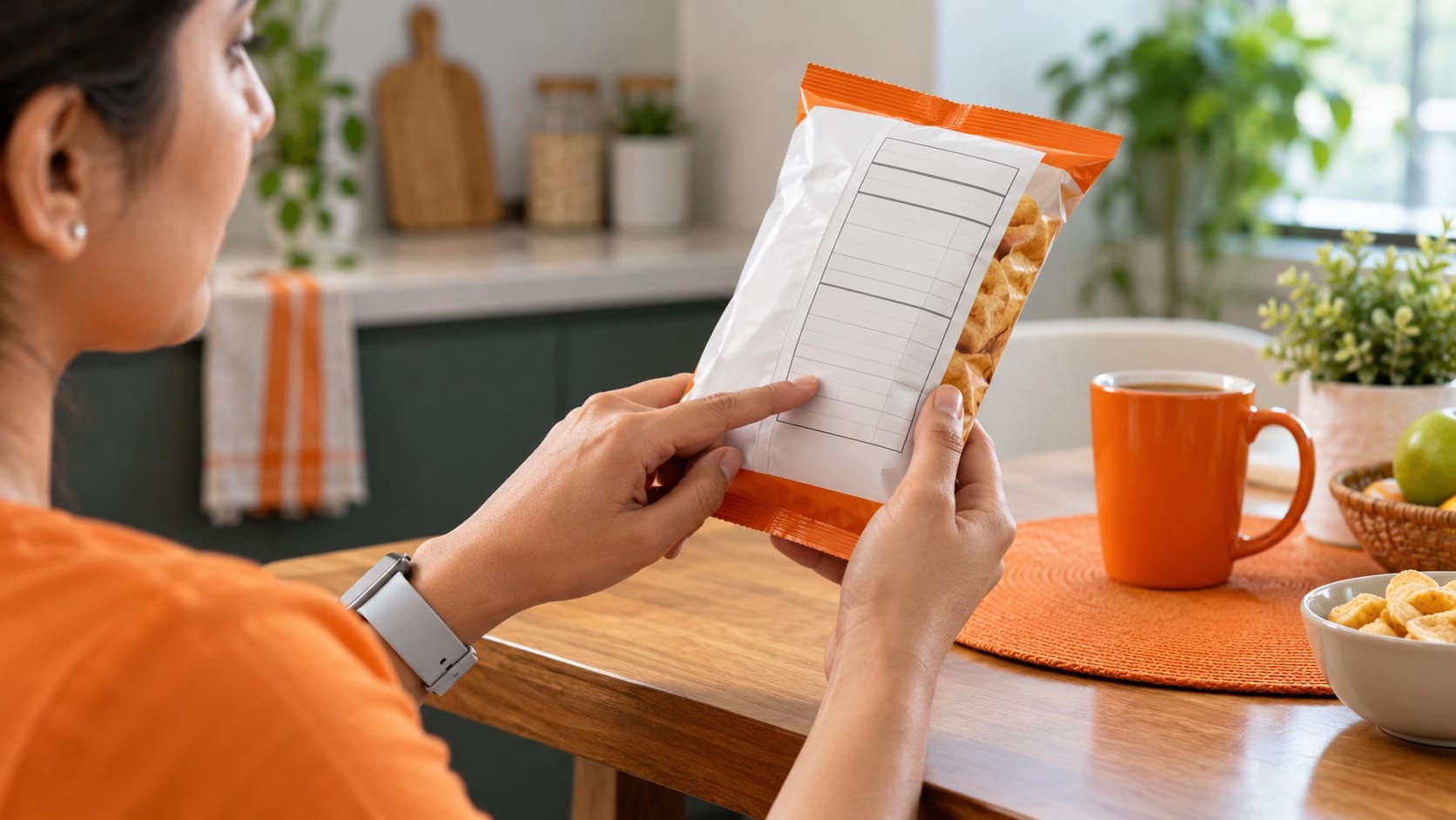 Close-up of Indian adult hands checking the side of a plain snack packet at a kitchen table with an orange mug and orange placemat