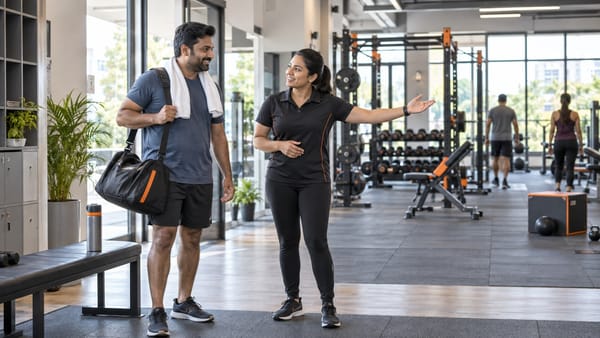 Illustration of a gym member talking with a coach on returning to a gym.