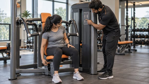 Illustration of a beginner checking a strength machine's adjustment controls with a coach.