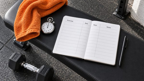 Workout notebook, stopwatch, pen and orange towel arranged on a gym bench.