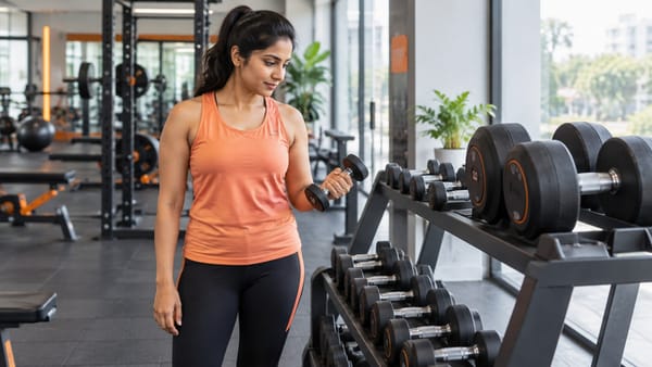 Illustration of a beginner choosing a light dumbbell from a gym rack.