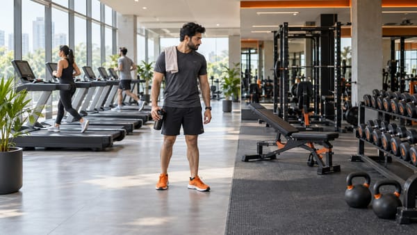 Illustration of a member between the treadmill and strength-training areas of a gym.