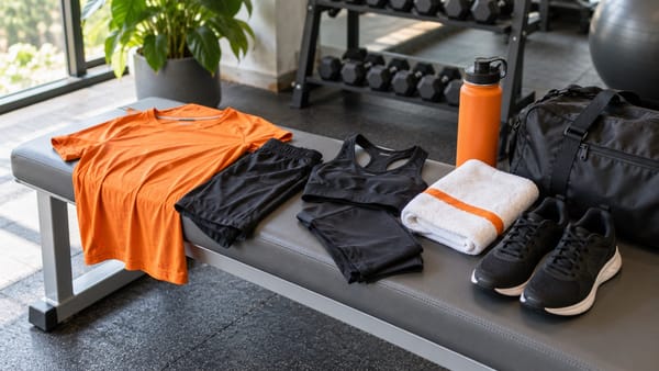 A practical flat-lay of plain comfortable gym clothing for men and women, orange shirt, black trainers, towel, water bottle and gym bag on a grey bench